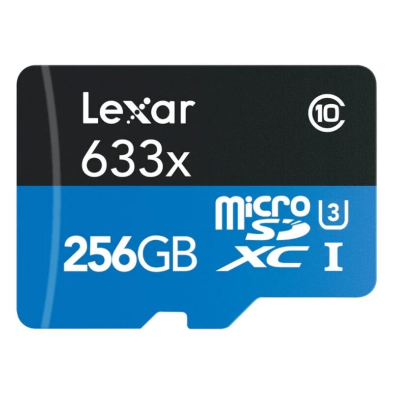 256GB Lexar® High-Performance 633x microSDXC™ UHS-I with SD adapter, up to 100MB_s read 45MB_s write C10 A1 V30 U3