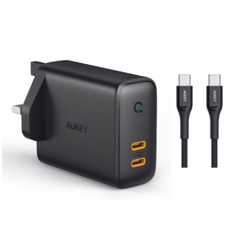 Aukey PA-D2 BK Dual-Port 36W PD Wall Charger with Dynamic Detect + C-C Cable