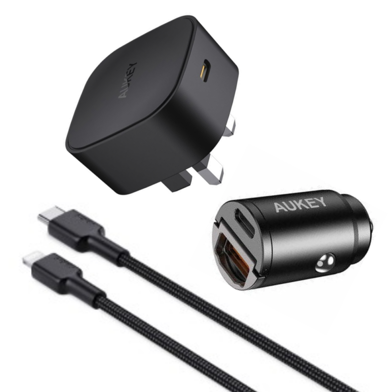 Aukey PA-Y25 CB-CL1 CC-A3 - TK-3 Black Adaptor + Cable + Car Charger
